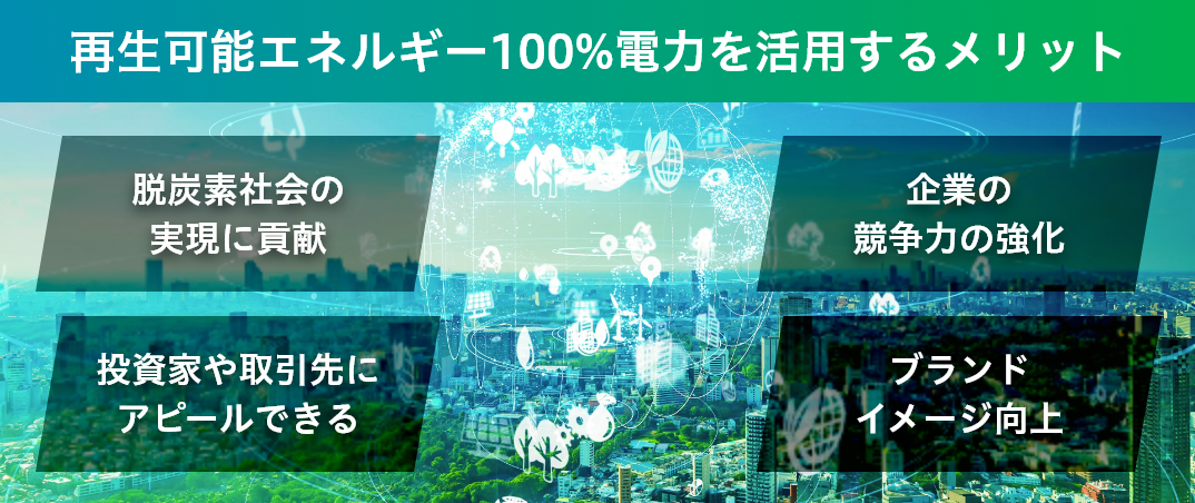 再生可能エネルギー100%電力を活用するメリット 脱炭素社会の実現に貢献 企業の競争力の強化 投資家や取引先にアピールできる ブランドイメージ向上